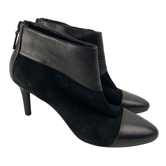 Cole Haan sz 7.5B Black Leather Suede Heeled Ankle Booties Rear Zip Pointed Toe - Picture 1 of 11